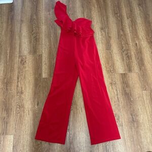 VTG 90s Madrag USA made red wide leg jumper one shoulder ruffle womens medium